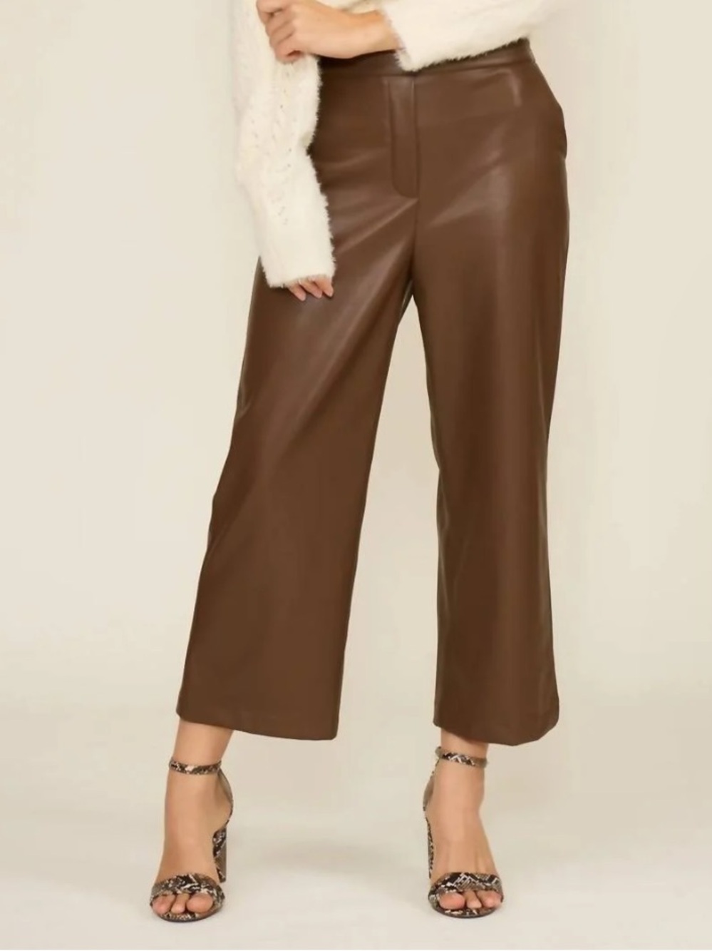 NWT Lucy Paris Karen Brown Faux Leather Wide Leg Crop Pants Pockets Side Zip L